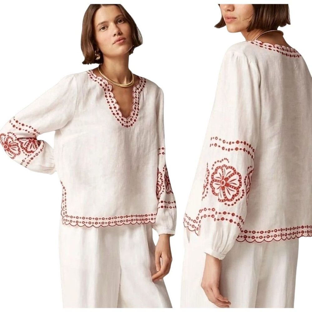 J.Crew Women's White Embroidered 100% Linen V-Neck Boxy Blouse S Chic Vacation - Picture 3 of 14